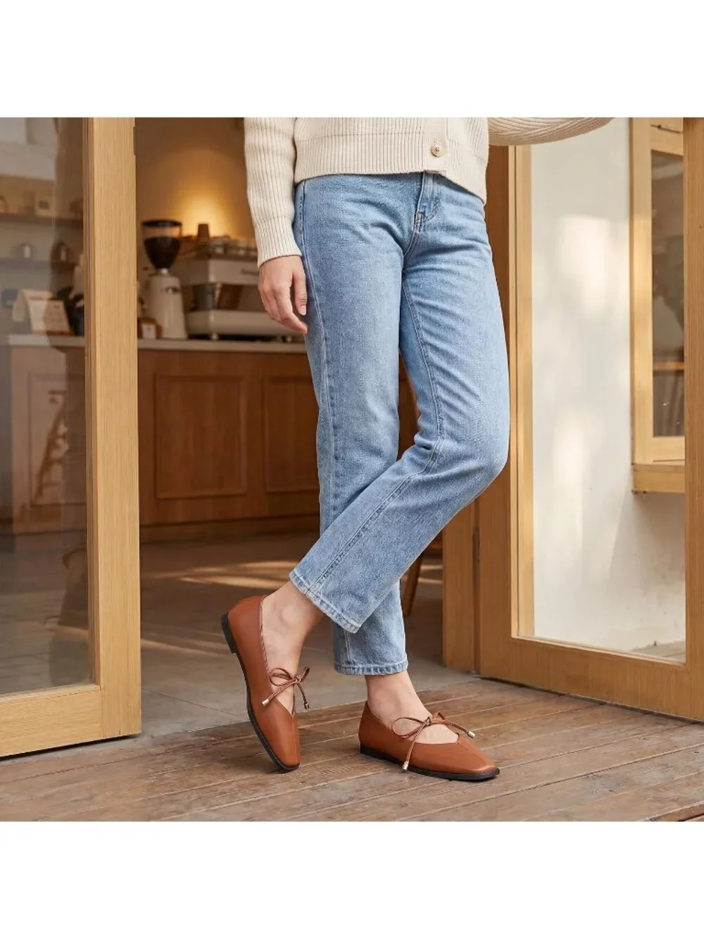 Women's Brown Mary Jane Ballet Flats Square Toe Bow Comfort Dress Shoes